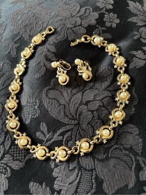 Vintage Trifari Gold-Tone Pearl Link Necklace and Earring Set -
